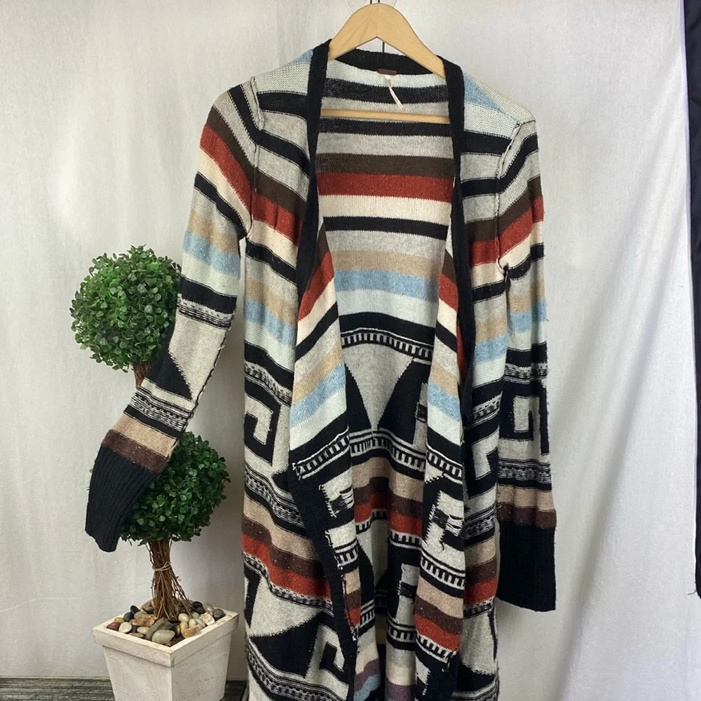 Free People Multi Color Aztec Tribal Print Knit Open Front Duster Sweater M - Picture 4 of 9